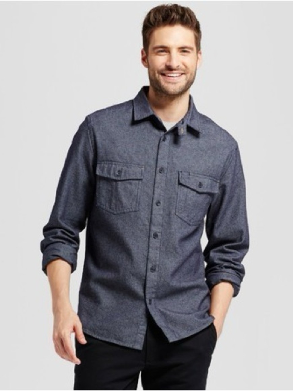 NWOT GOODFELLOW dark denim heavyweight button down long sleeve work shirt L new